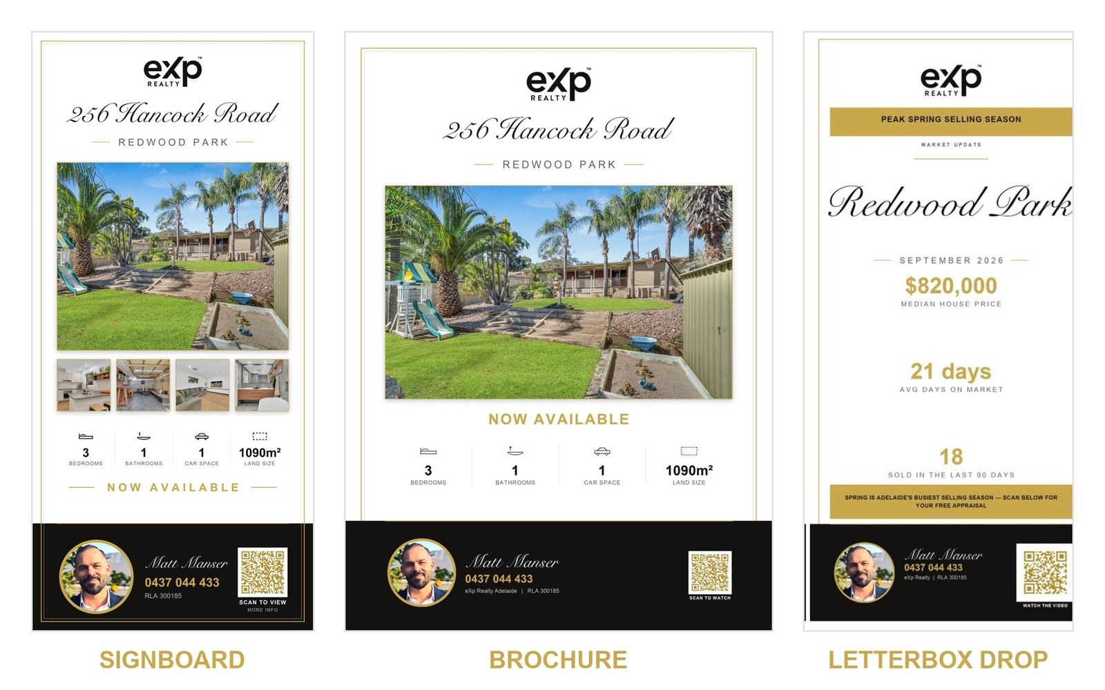 Signboard, brochure and letterbox drop for 256 Hancock Road, Redwood Park, designed by Matt's listing pipeline