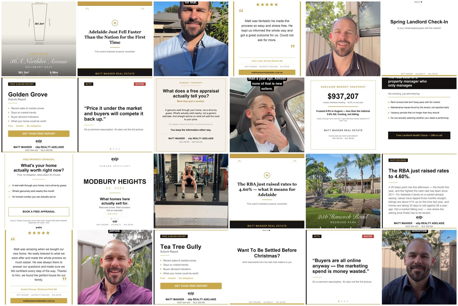 A grid of 24 of Matt's real Instagram posts